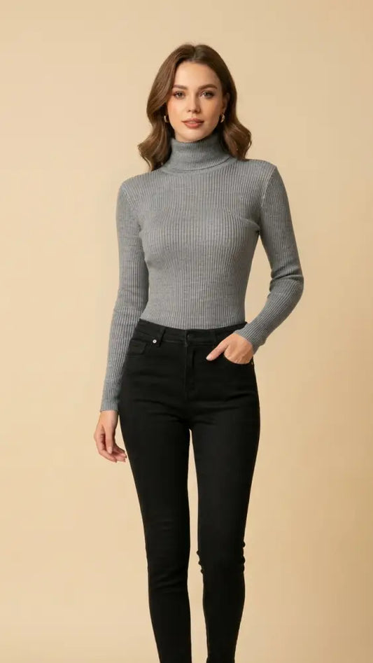 Un pull à col roulé gris à côtes élégant avec manches longues.