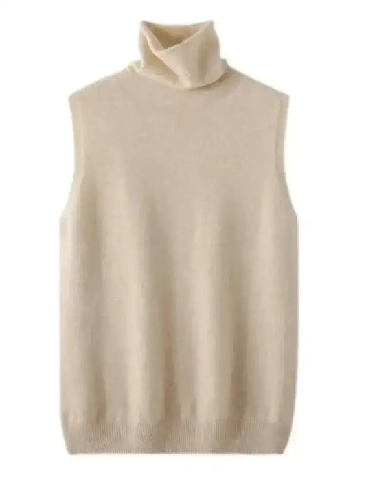Pull sans manches nora col roulé femme couleur crème en maille sans manches à texture côtelée douce