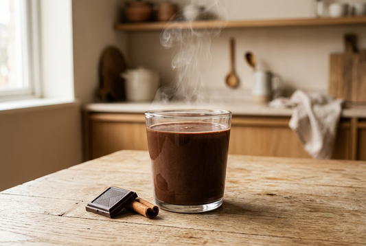 Verre de chocolat chaud végétal fumant, posé sur une table en bois clair