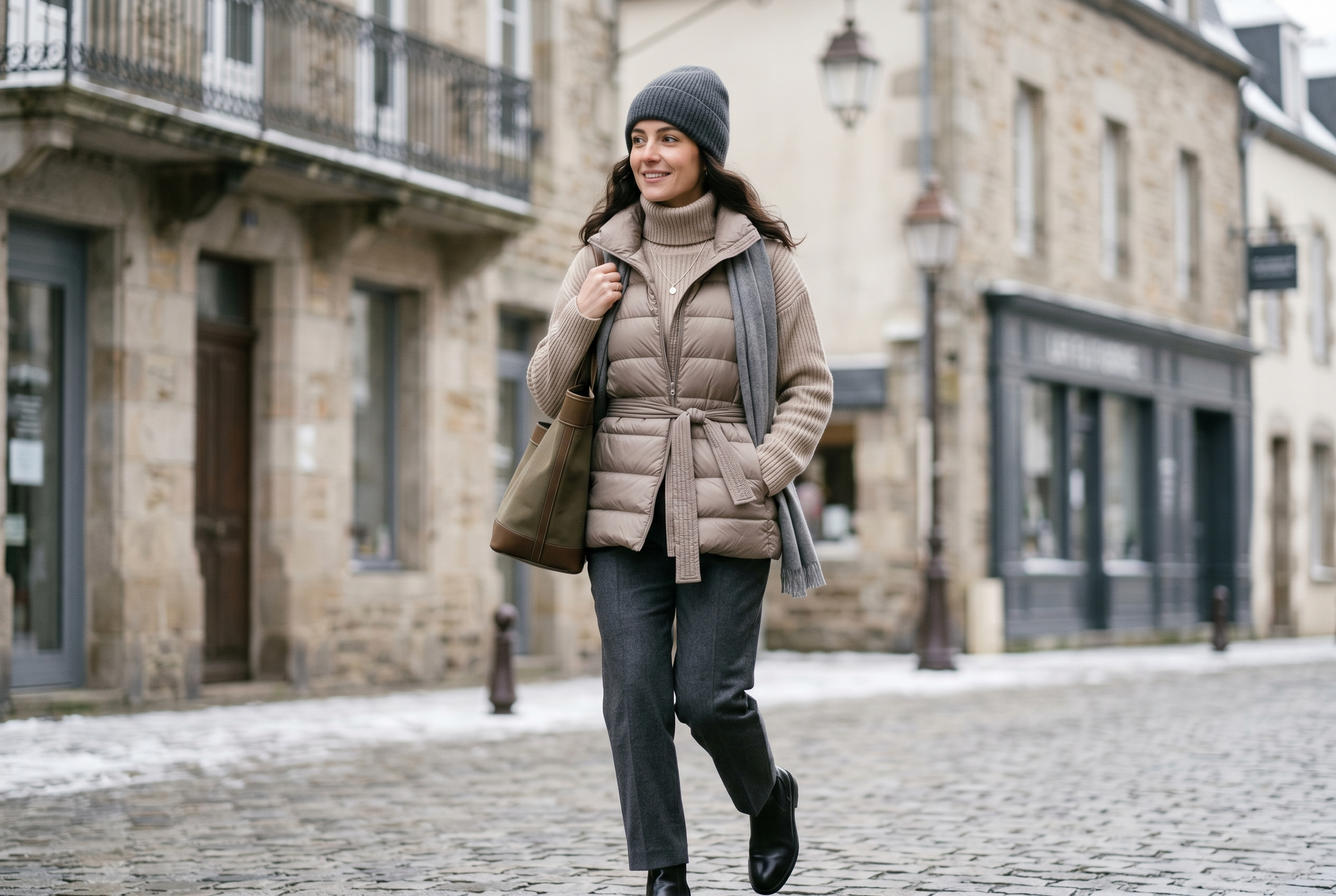 Woman wearing an ultra-light sleeveless puffer vest in cinched fit over a turtleneck sweater, urban winter style, neutral tones, soft natural light, fashion editorial