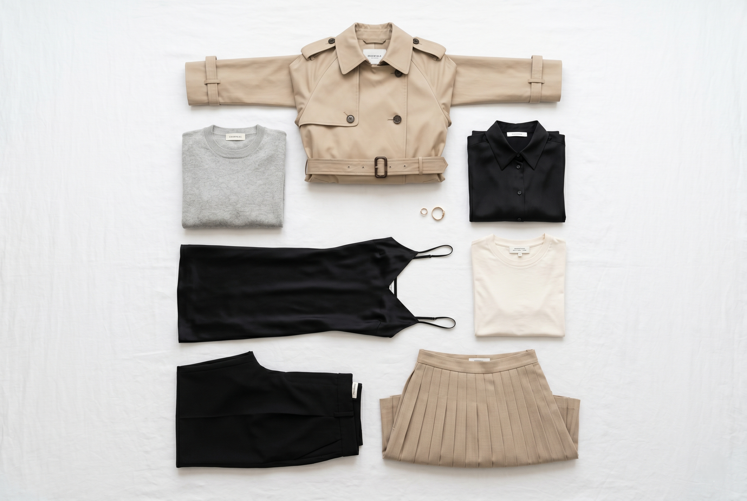 Composition à plat de sept vêtements féminins minimalistes essentiels sur fond blanc, tons neutres beige, noir et gris, soigneusement disposés, vue de dessus, esthétique épurée, éditorial de mode