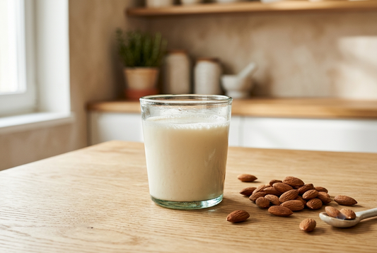 Verre de lait d'amande maison fraîchement préparé, posé sur une table en bois clair