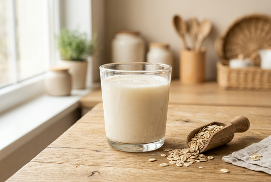 Verre de lait d'avoine maison fraîchement préparé, posé sur une table en bois clair
