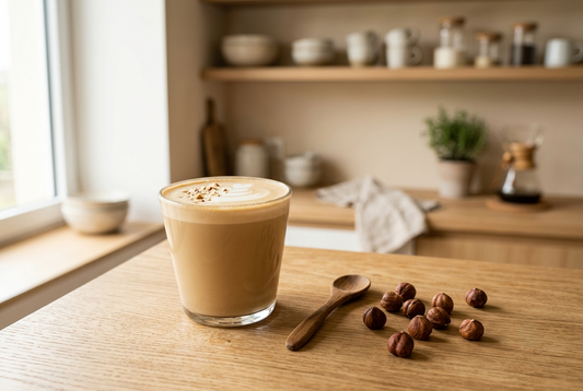 Verre de latte noisette maison avec mousse légère, posé sur une table en bois clair