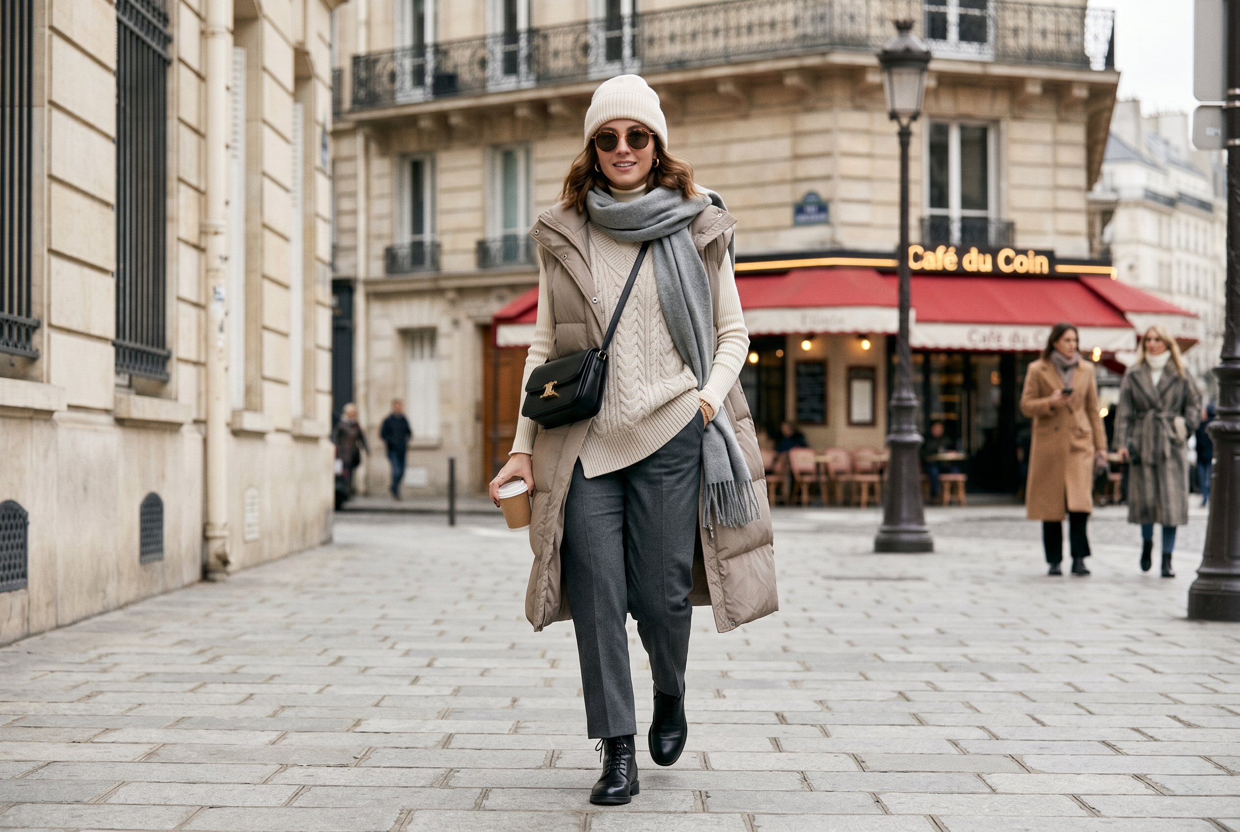 Stylish woman in winter layered outfit, body + knit vest + sleeveless puffer jacket, neutral tones, urban Parisian street, soft natural light, editorial fashion