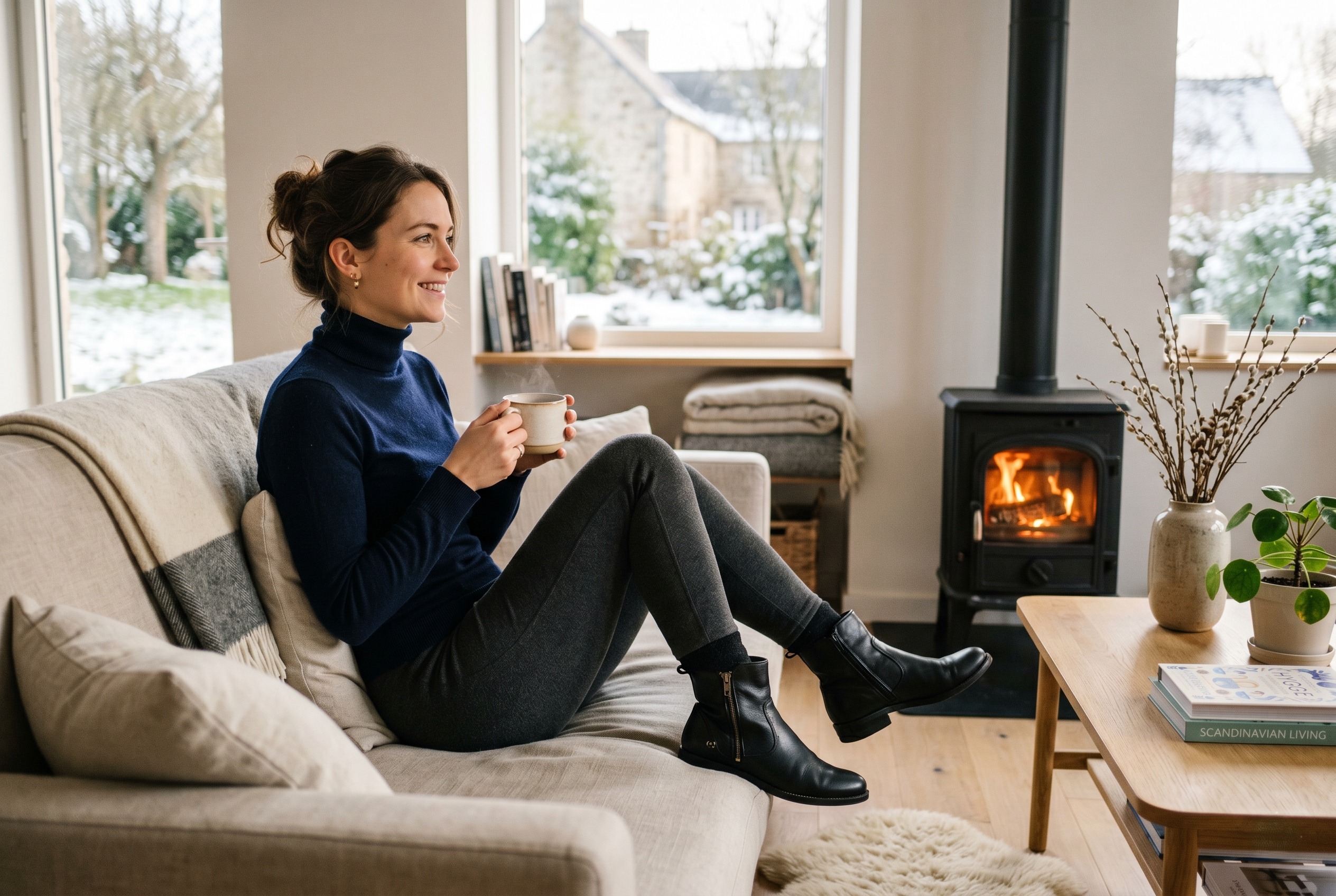Cozy winter women's outfit, thermal fleece legging with slim turtleneck and ankle boots, warm indoor lighting, minimalist Scandinavian interior, fashion lifestyle photography