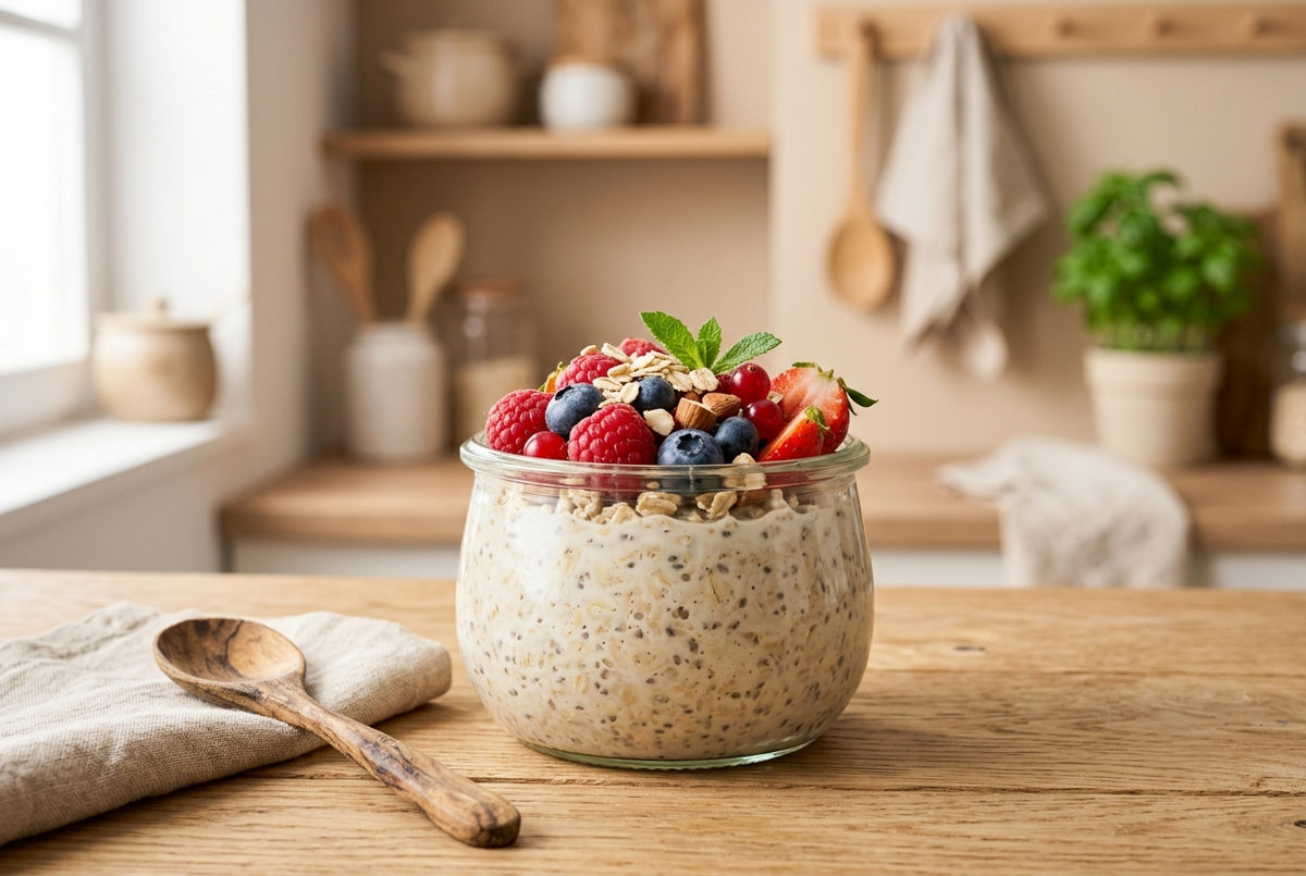 Bocal de porridge overnight garni de fruits rouges, posé sur une table en bois clair