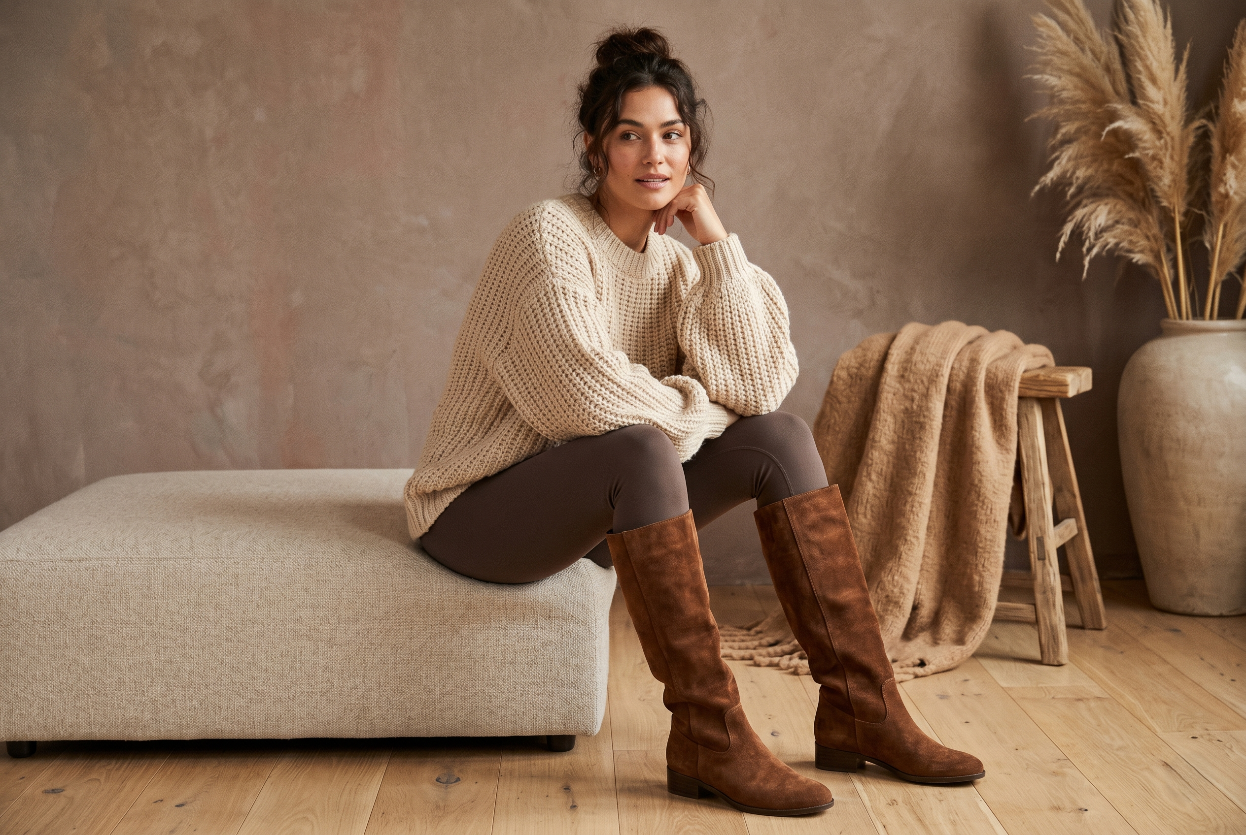 Woman wearing oversized balloon sleeve knit sweater with high-waist legging and tall boots, cozy chic aesthetic, warm neutral tones, soft studio lighting, fashion editorial