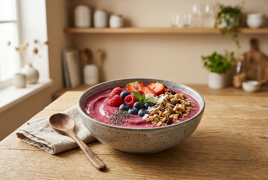 Bol de smoothie bowl protéiné à l'amande garni de fruits rouges et granola, posé sur une table en bois clair