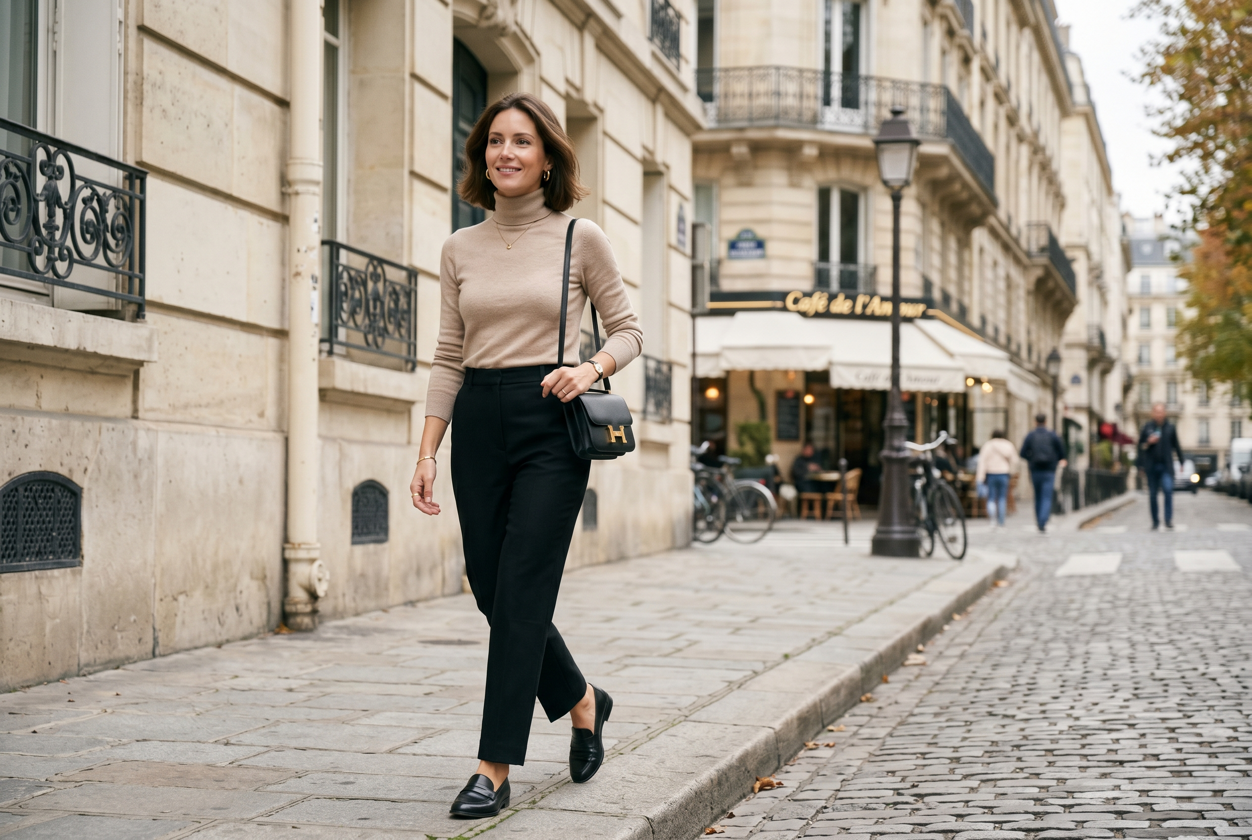 Femme élégante au style minimaliste et sophistiqué, vêtue d'un pull à col roulé ajusté et d'un pantalon tailleur, dans des tons beiges et noirs neutres, baignée d'une douce lumière naturelle, esthétique parisienne, photographie de mode éditoriale