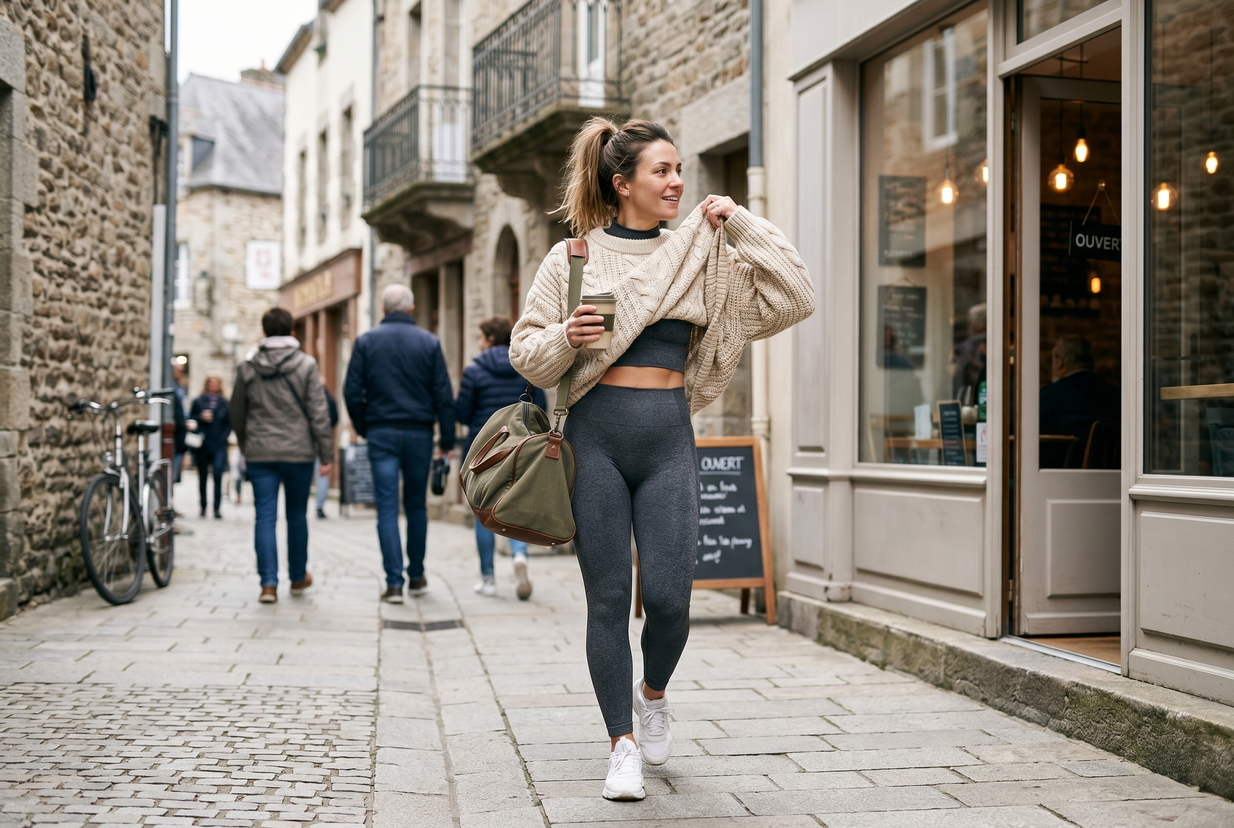Athletic woman in seamless sculpting sport set transitioning from gym to café, adding an oversized knit over the outfit, urban lifestyle, natural light, athleisure fashion editorial