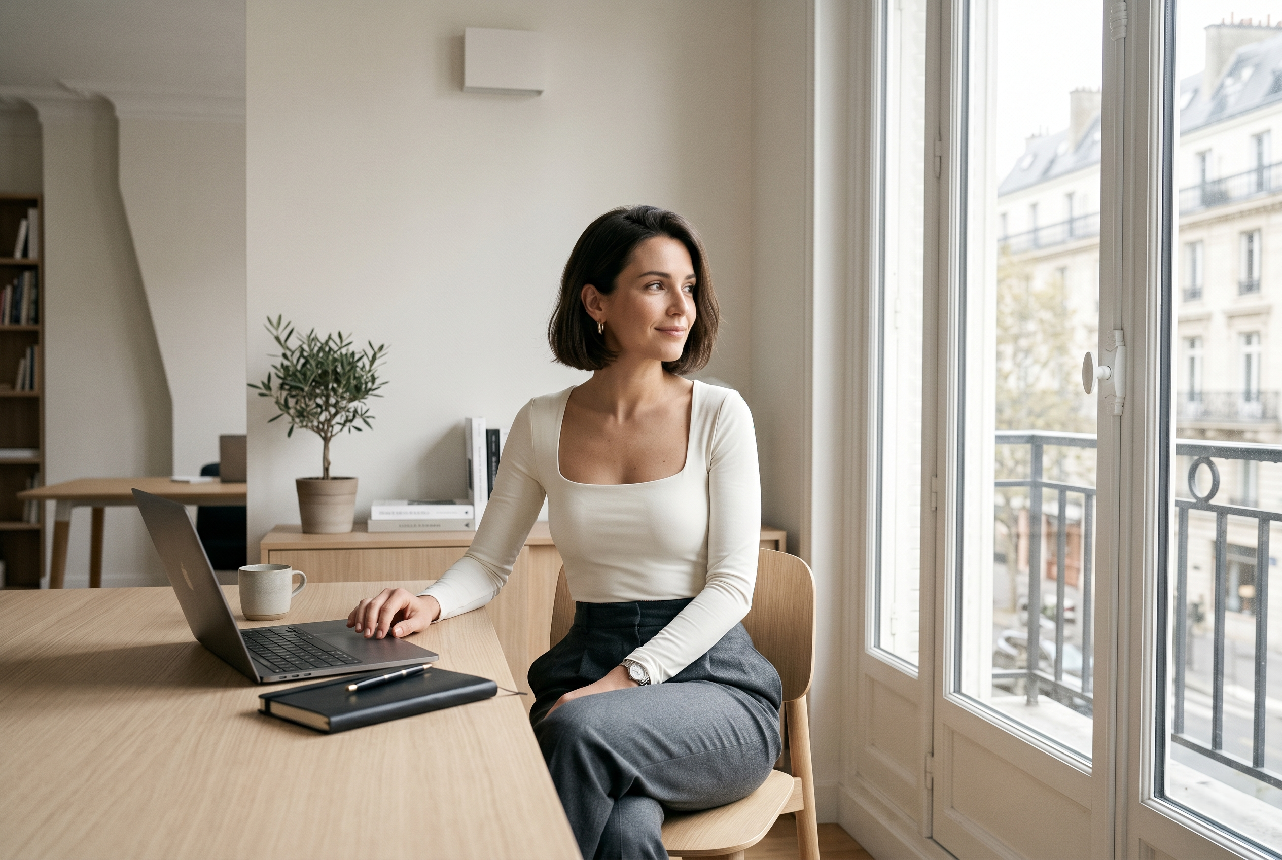 Femme française active au bureau, vêtue d'un body ajusté à col carré et d'un pantalon tailleur taille haute, élégante et minimaliste, douce lumière naturelle filtrant par la fenêtre, fond épuré, éditorial de mode, photoréalisme