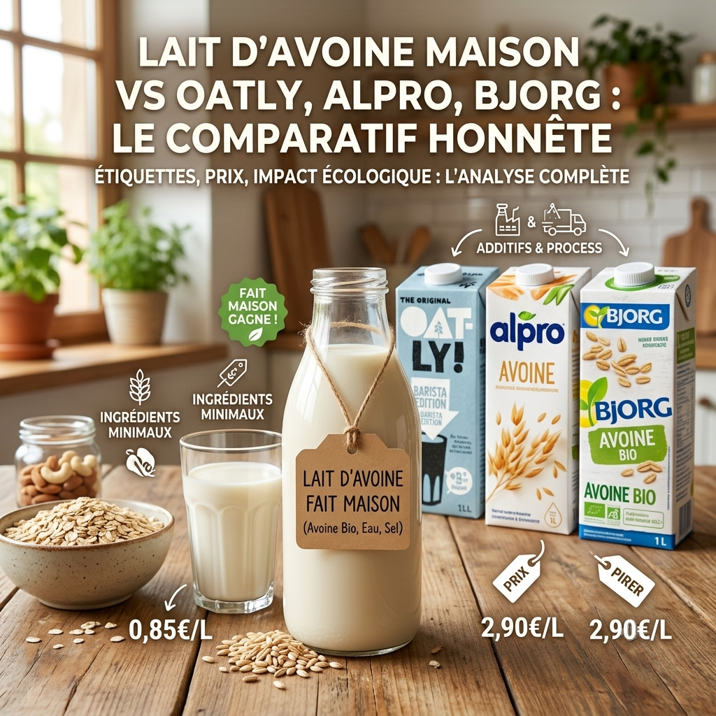 Comparatif visuel entre une bouteille en verre de lait d'avoine maison et des briques de marques industrielles comme Oatly, Alpro et Bjorg, illustrant l'analyse des étiquettes et des prix pour la marque Luxibre.