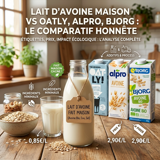 Comparatif visuel entre une bouteille en verre de lait d'avoine maison et des briques de marques industrielles comme Oatly, Alpro et Bjorg, illustrant l'analyse des étiquettes et des prix pour la marque Luxibre.
