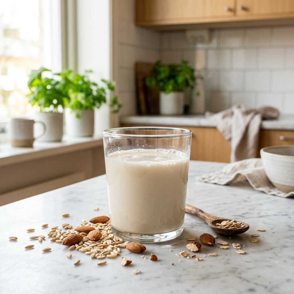 Verre de lait végétal maison à base d’avoine et d’amandes, guide sans lactose