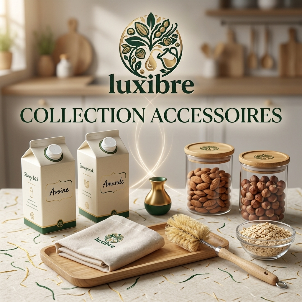 Collection d'accessoires indispensables pour machine à lait végétal Luxibre, incluant des briques de stockage et des contenants sans BPA, présentés élégamment avec le logo officiel de la marque.