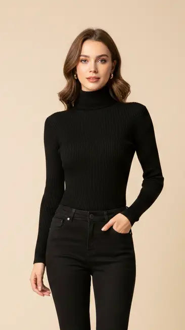 Photographie d'une femme portant un pull col roulé noir et un pantalon noir Luxibre