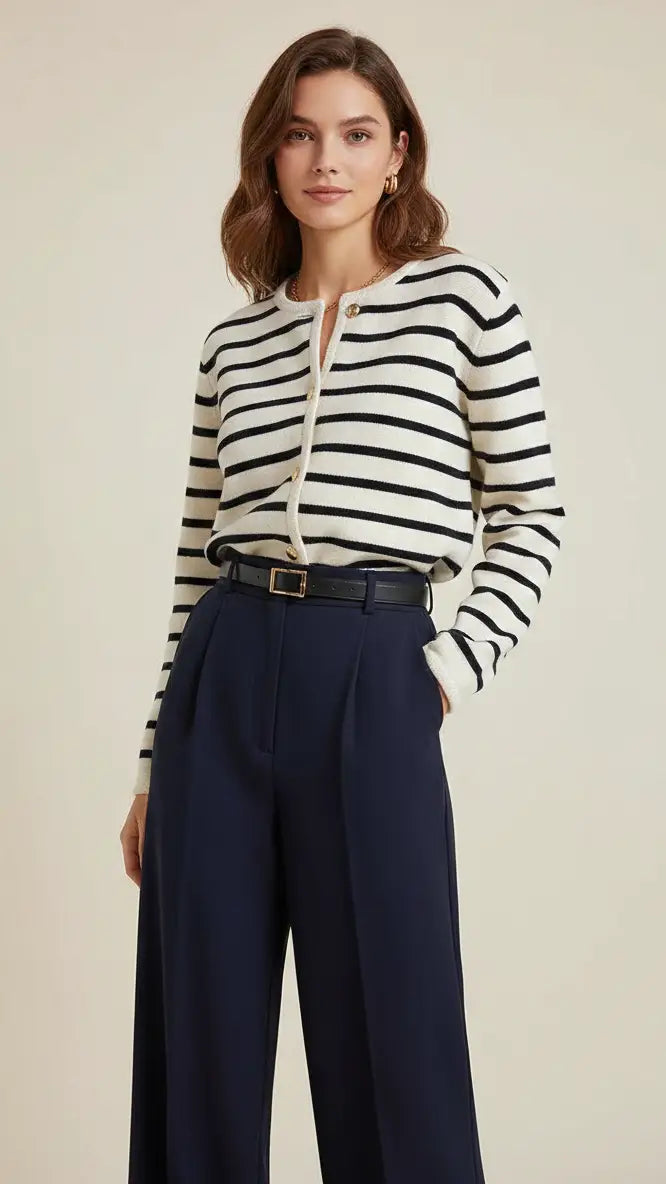 photo d'une femme portant un cardigan à rayures noir et un pantalon fluide bleu foncé