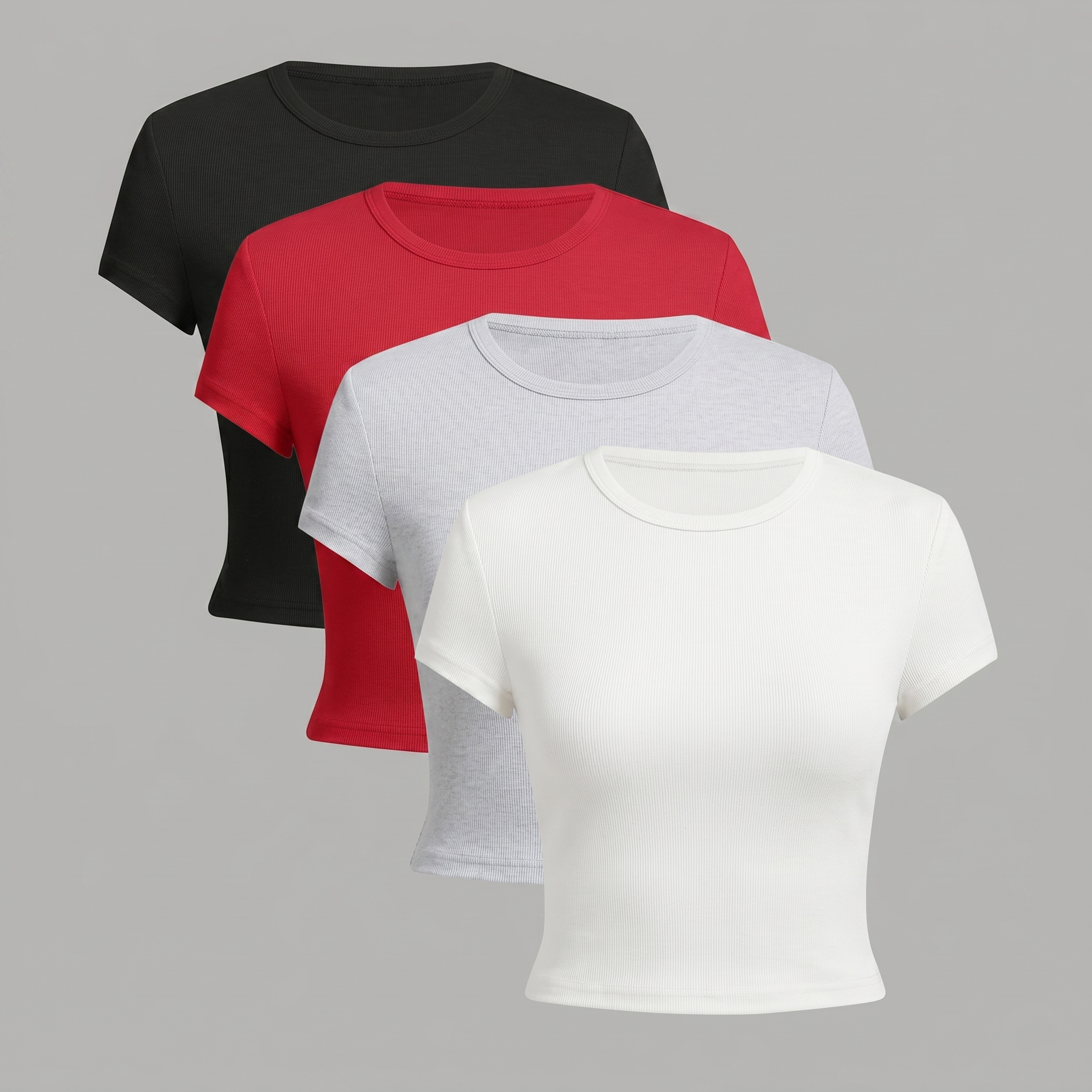Lot de 4 t-shirts seconde peau cropped manches courtes en noir rouge et blanc style old money pour femme