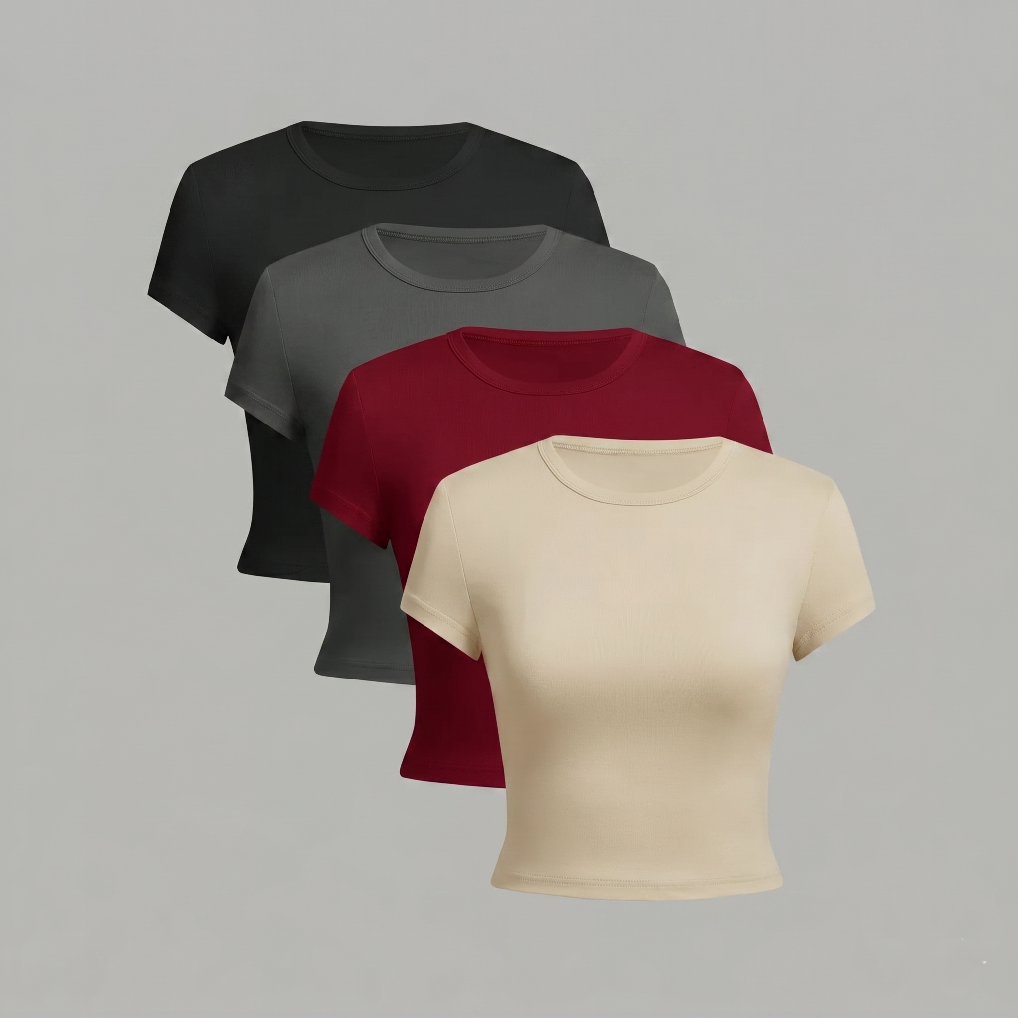 Lot de 4 t-shirts seconde peau cropped manches courtes en noir gris rouge et crème style old money basiques gainants femme