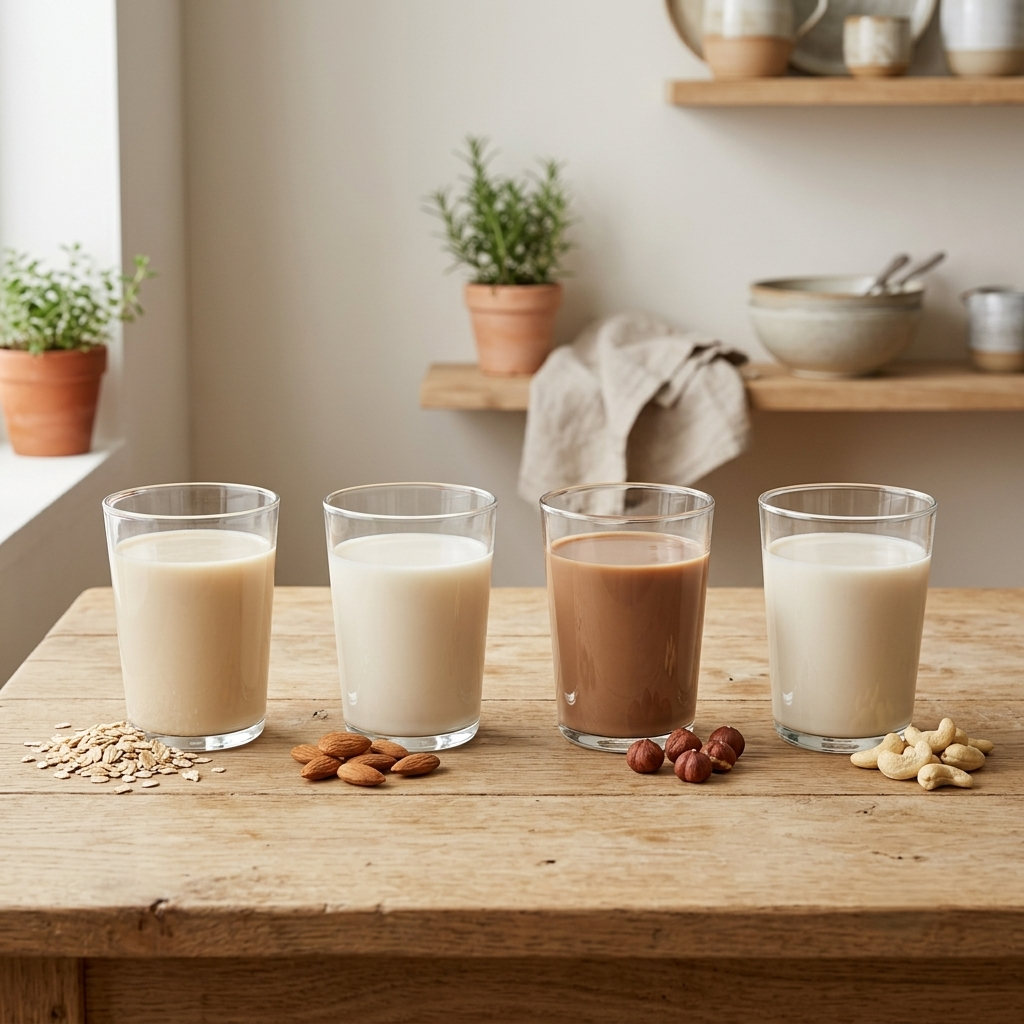 Quatre variétés de lait végétal maison réalisées avec Luxibre : avoine, amande, noisette et cajou