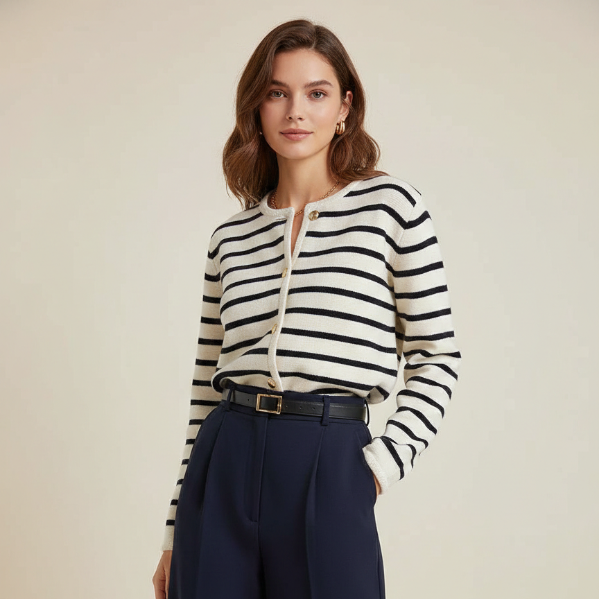 Cardigan elise marinière femme en maille rayée noir et blanc avec boutons dorés style court élégant