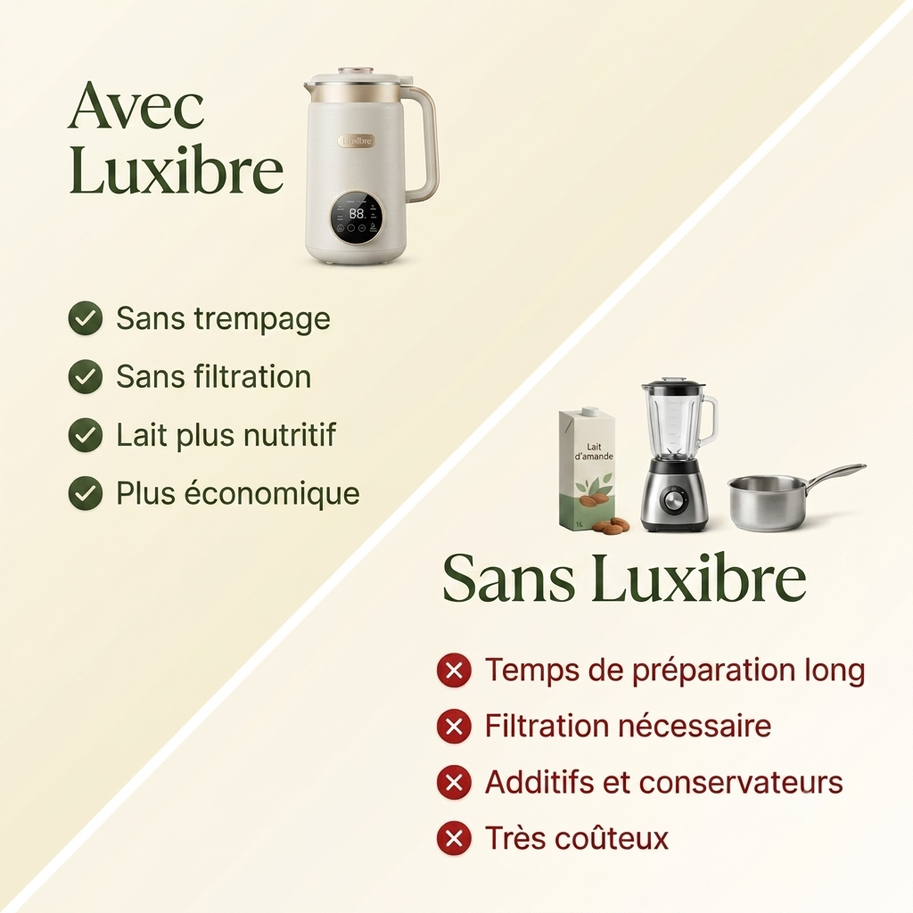 Comparaison avec et sans Luxibre — lait végétal maison vs briques industrielles