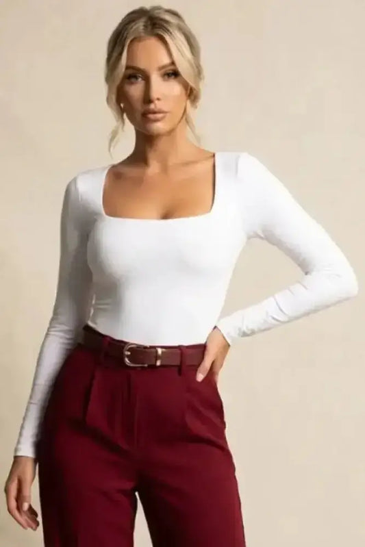 Body luxibre luna blanc manches longues col carré en tissu confortable et élégant