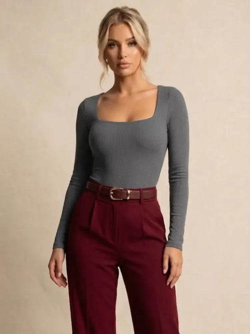 Body luna col carré gris en maille côtelée à manches longues et col carré élégant