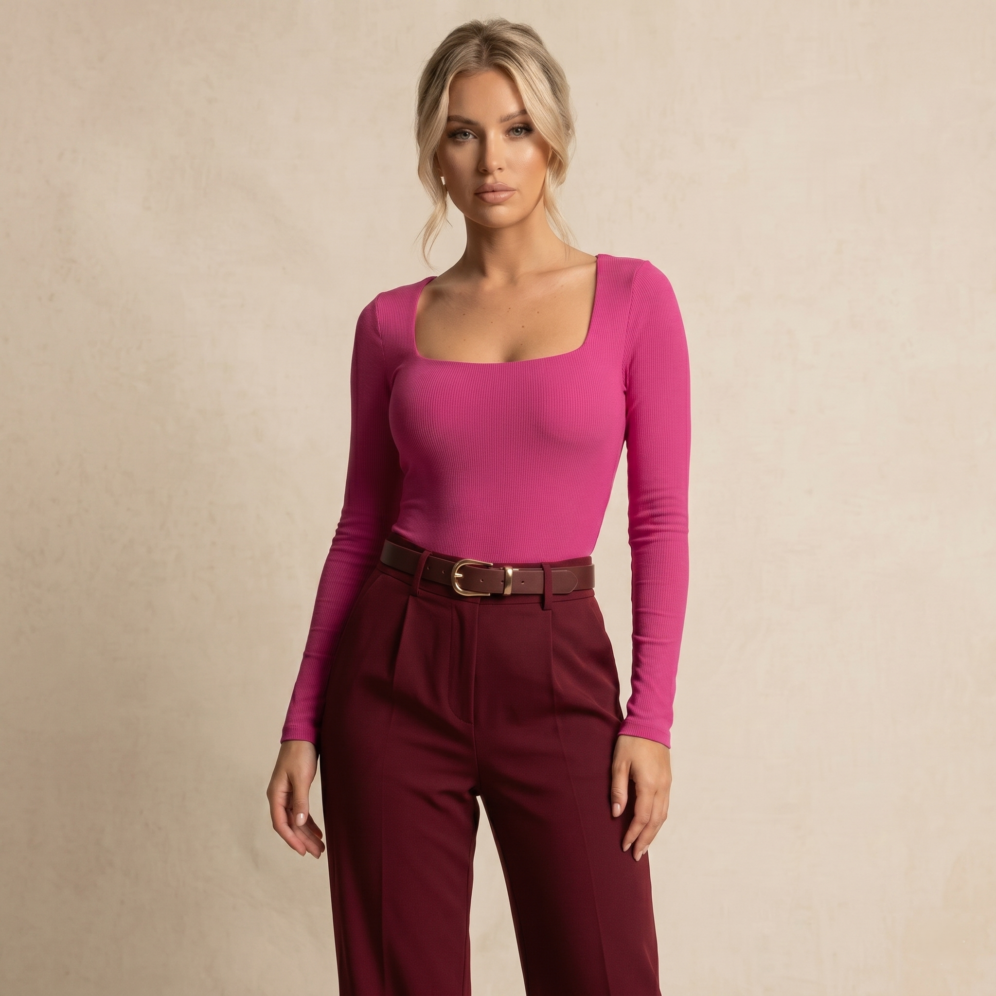 Body fuchsia manches longues avec col carré sculptant pour femme en tissu extensible