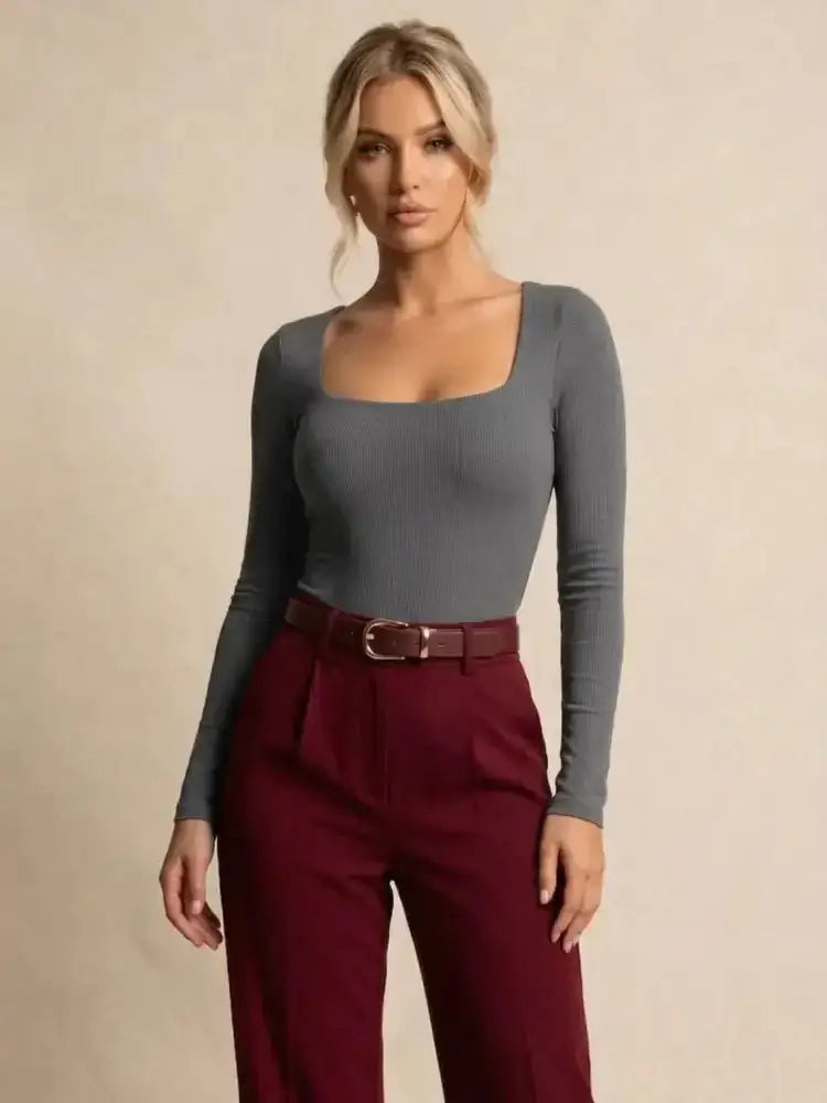 Body luna col carré sculptant femme gris à manches longues en tissu côtelé ajusté avec col carré