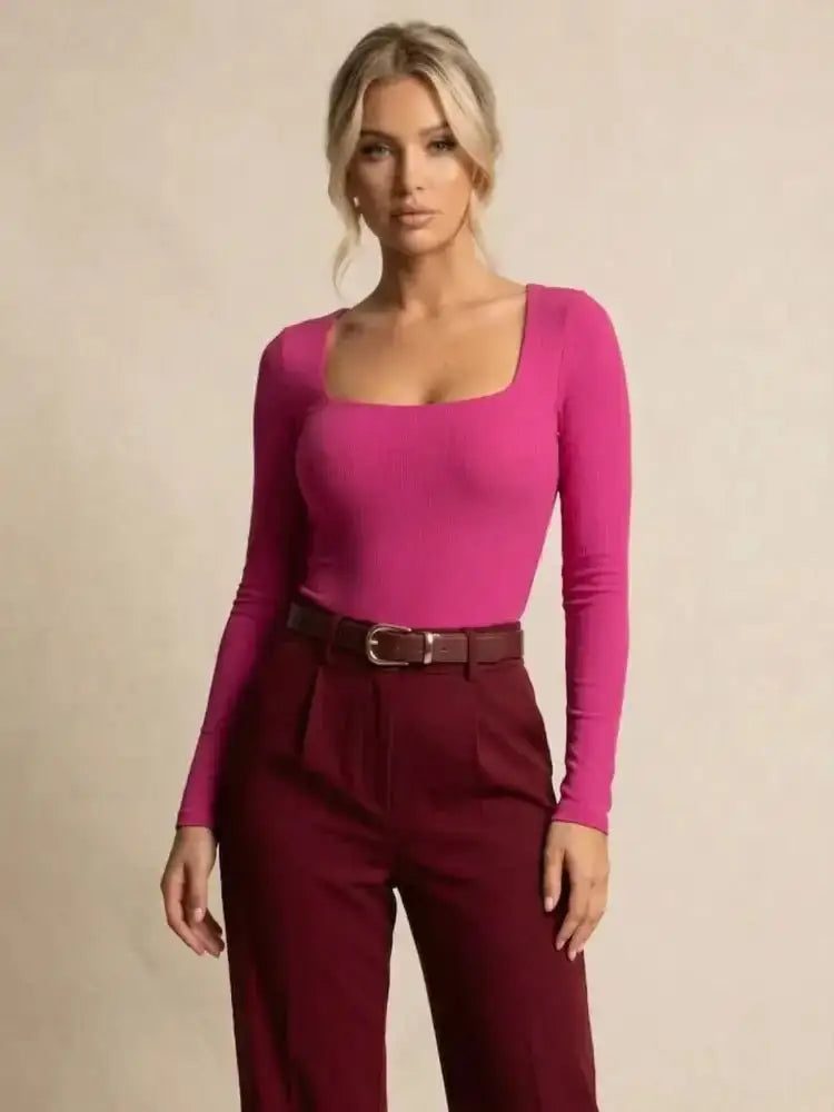 Body fuchsia manches longues avec col carré sculptant pour femme en tissu extensible