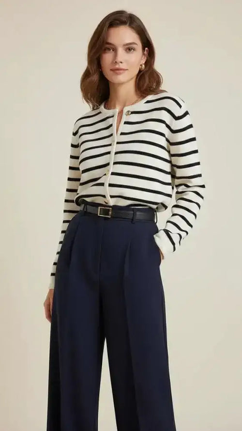 Une femme porte un cardigan elise marinière noir et blanc à rayures horizontales en maille avec zip et boutons devant