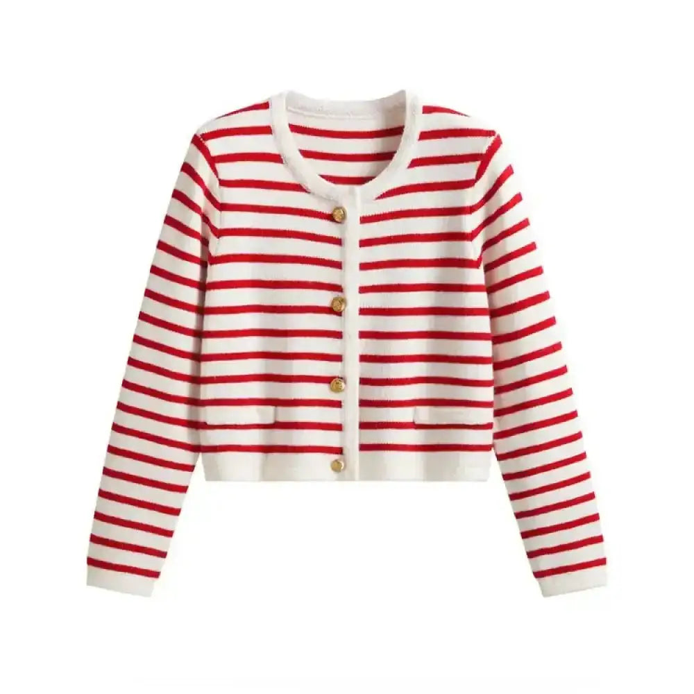 Cardigan elise marinière femme cropped en maille rouge et blanc rayé avec boutons dorés style marinière