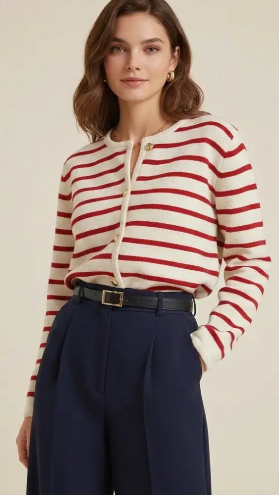 Cardigan en tricot à manches longues rayé horizontalement rouge et blanc avec fermeture à boutons sur le devant.