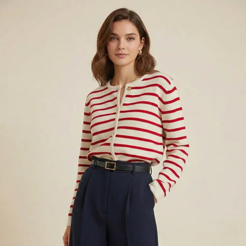 Cardigan élise marinière en maille rayé rouge et blanc avec manches longues et fermeture boutonnée devant