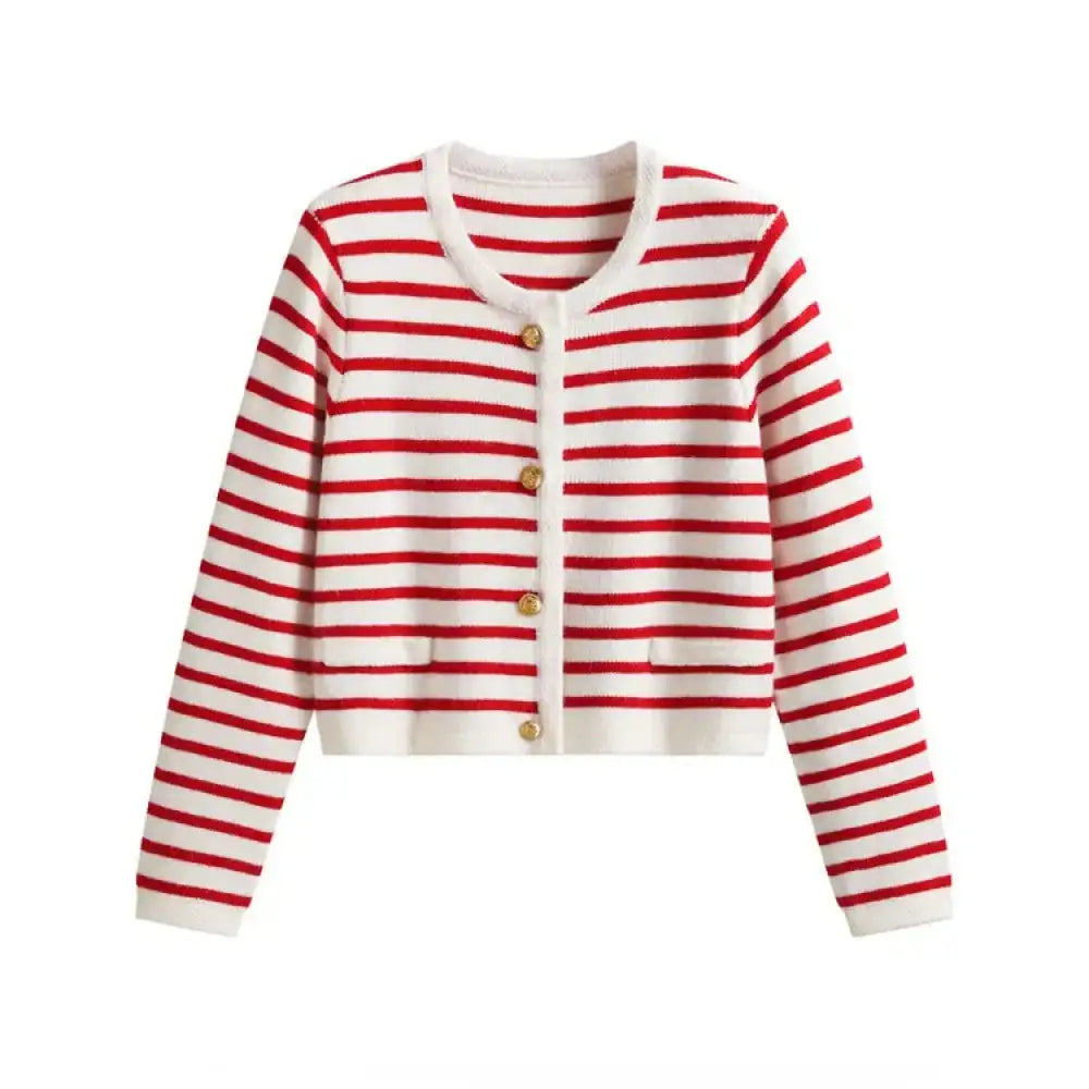 Cardigan femme luxibre Élise style marinière rayé rouge et blanc en maille cropped avec boutons dorés