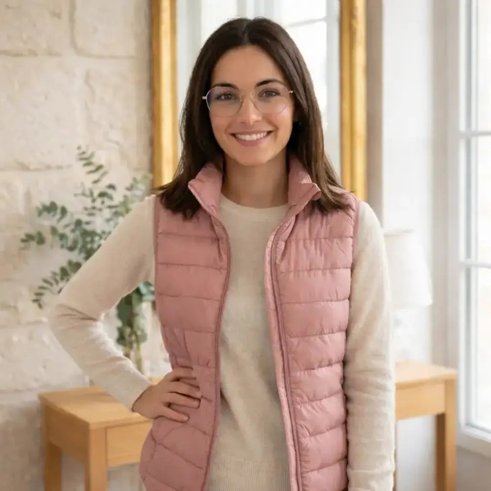 Doudoune sans manche plume soft rose avec coupe cintrée gilet matelassé ultra léger femme à col montant et zip