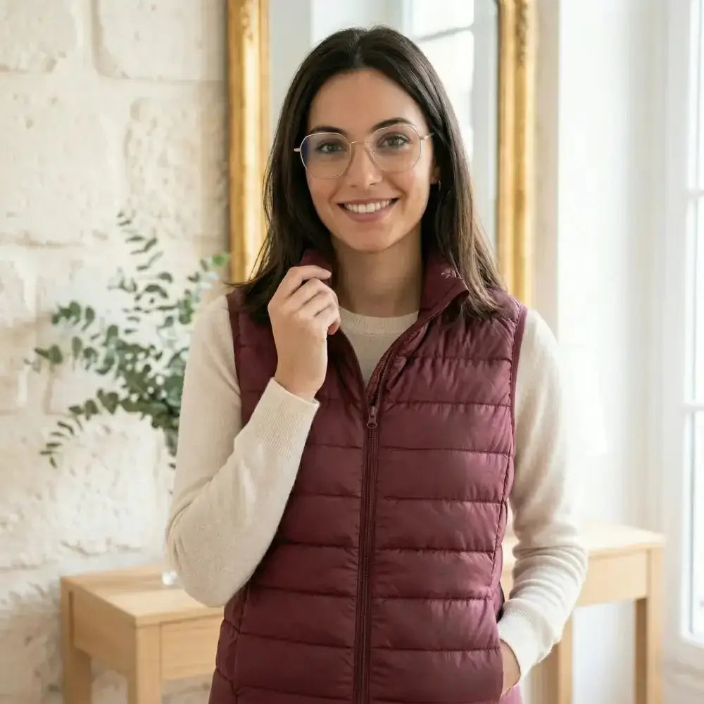 Doudoune sans manche plume femme marron coupe cintrée gilet matelassé ultra léger avec col montant and zip intégral