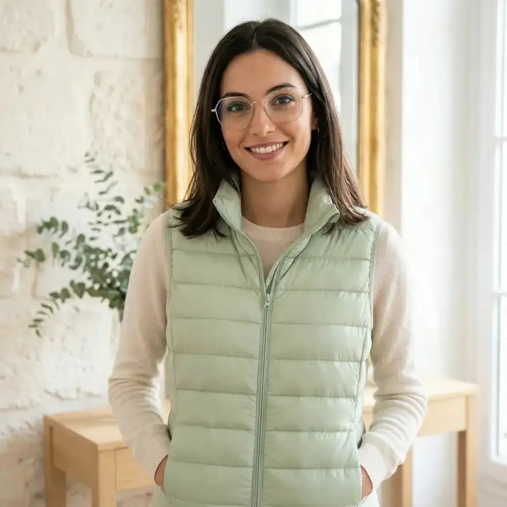 Gilet matelassé manche plume vert clair sans manche avec coupe cintrée et fermeture éclair intégrale