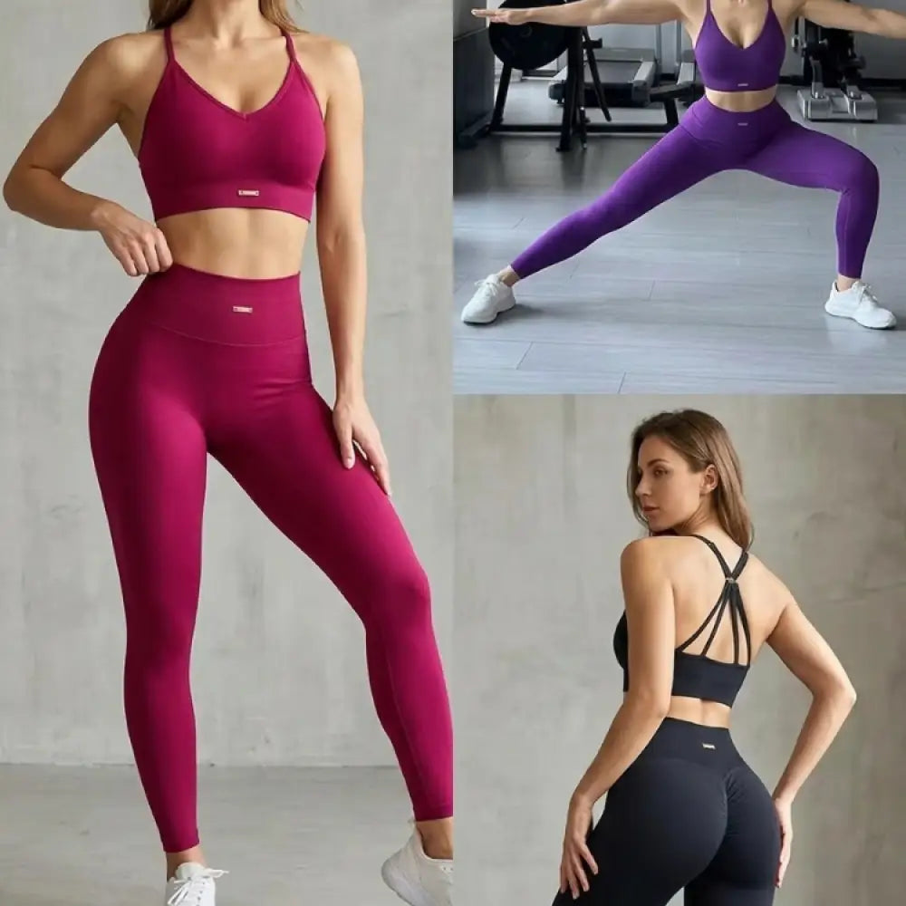 L’objet principal est un ensemble de leggings taille haute bordeaux avec brassière de sport assortie, doté d’une construction sans coutures et d’un ajustement près du corps.