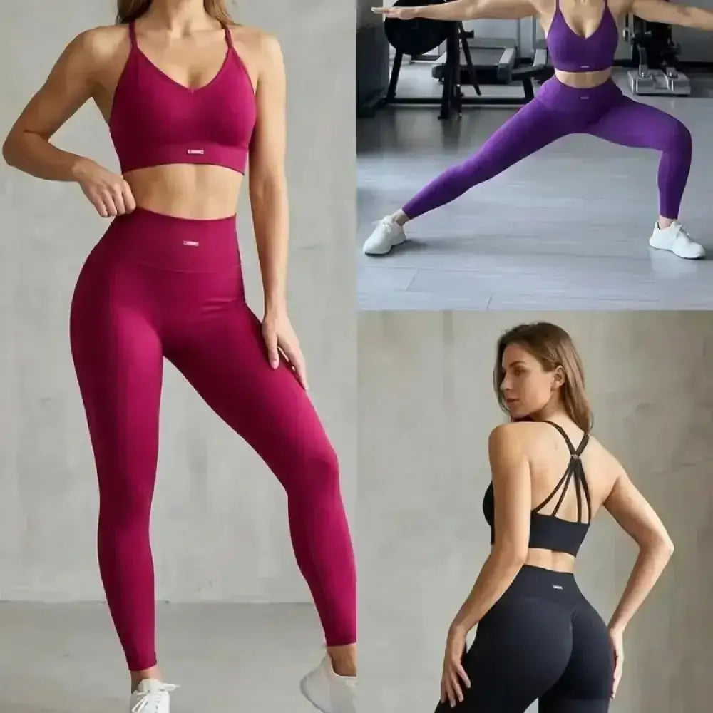 Ensemble infinite seamless de leggings taille haute magenta avec brassière assortie seamless luxibre paris top sport