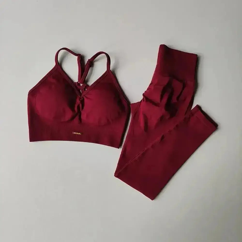 Ensemble infinite seamless luxibre paris comprenant un top sport bordeaux à bretelles croisées dos et legging taille haute
