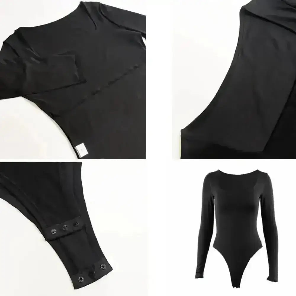 Body sculptant luna en duo noir à manche longue avec silhouette ajustée et poignets à boutons pression