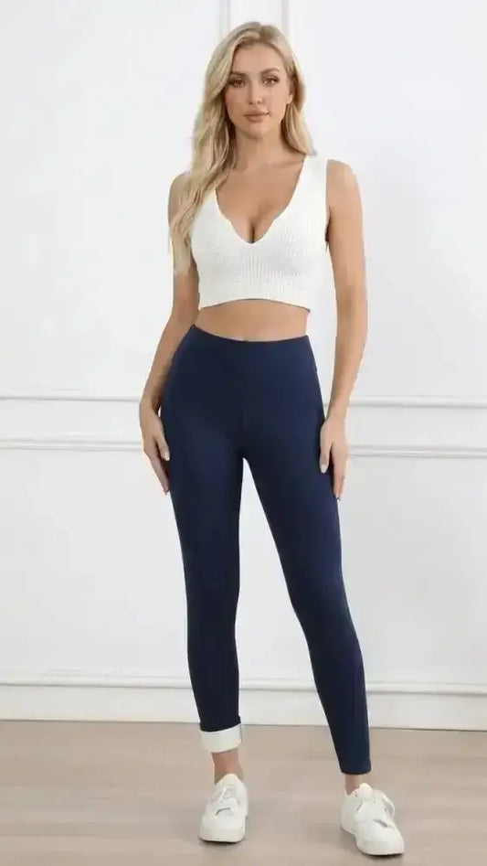 Legging thermique signature bleu marine femme polaire avec doublure polaire intérieure et tissu extensible à revers
