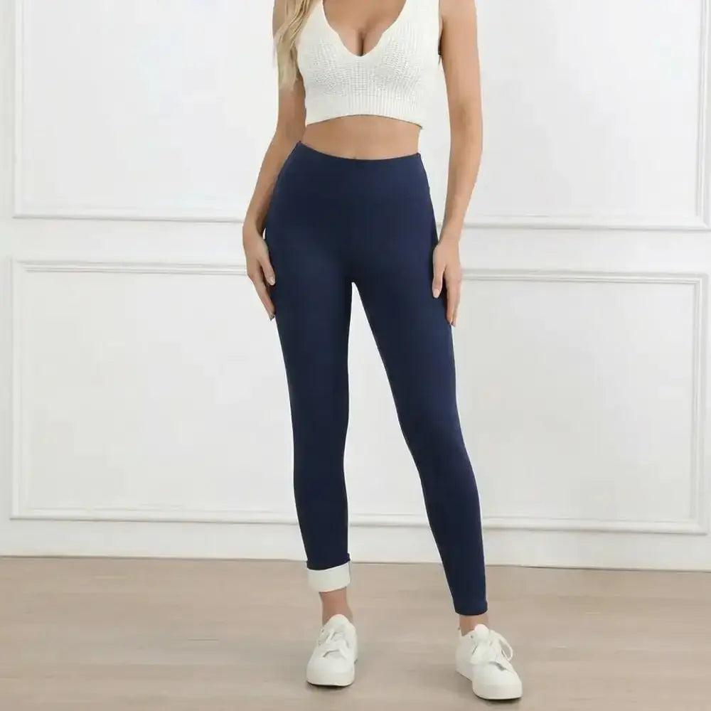 Legging thermique femme polaire bleu marine taille haute avec tissu extensible et doublure polaire intérieure