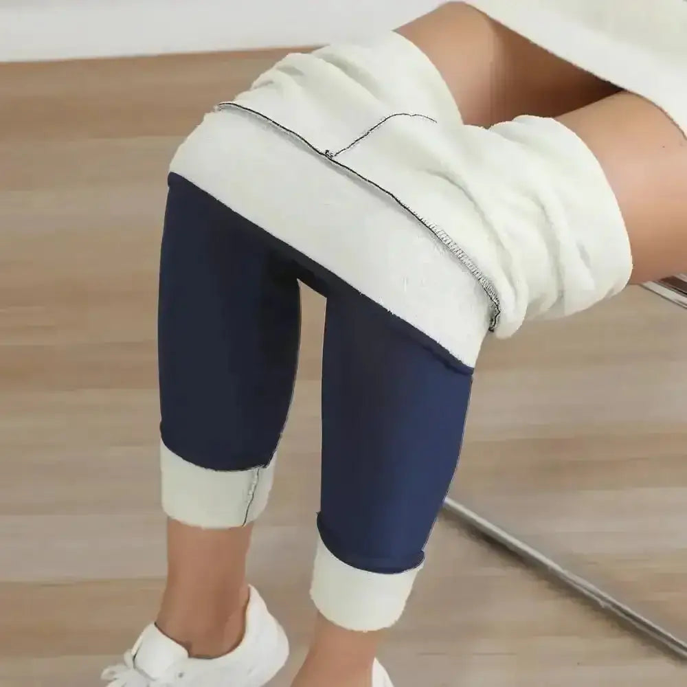 Legging thermique femme polaire marine avec doublure polaire intérieure blanche et tissu extensible à taille haute