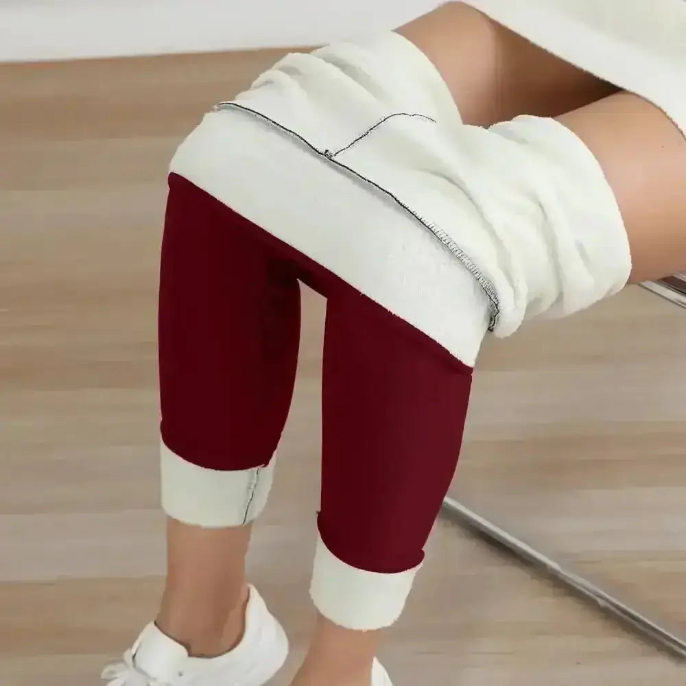 Legging thermique femme polaire maroon et blanc avec doublure polaire intérieure et tissu extensible aux chevilles roulées