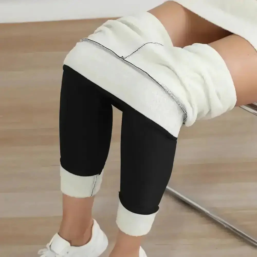 Legging thermique femme polaire noire avec doublure polaire intérieure blanche et tissu extensible à taille haute