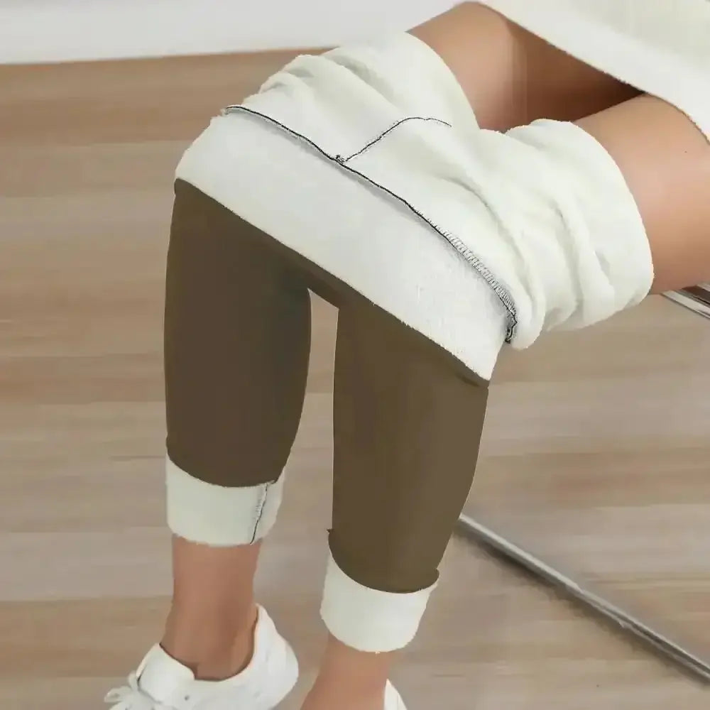 Legging thermique femme polaire marron et blanc doublure polaire intérieure tissu extensible taille haute avec poignets roulés